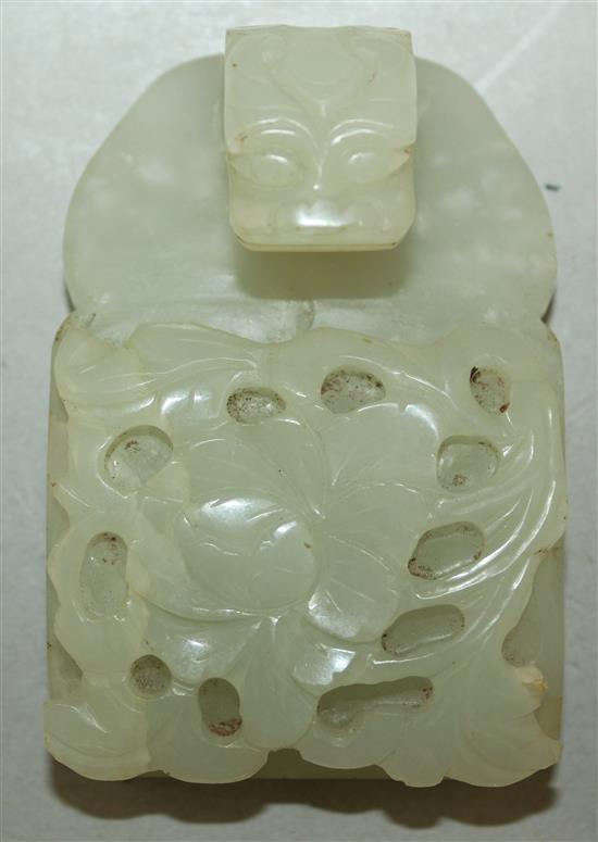 A Chinese pale celadon jade belt buckle section and a similar page turner, late 19th century, 28.5cm, broken with an old silver repair